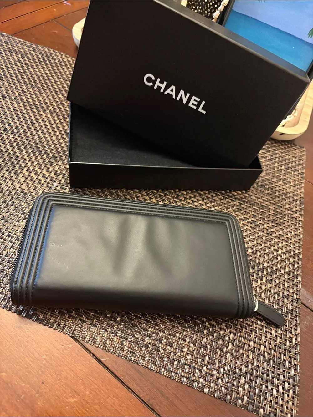 CHANEL Black lambskin Boy Leather Zip Around Wallet Silver CC Hardware with BOX
